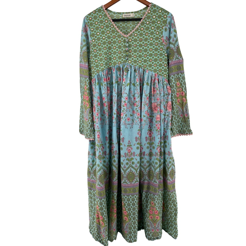 Cotton Maxi Dress Women Large Blue Floral Patchwork Western Boho Country Cottage